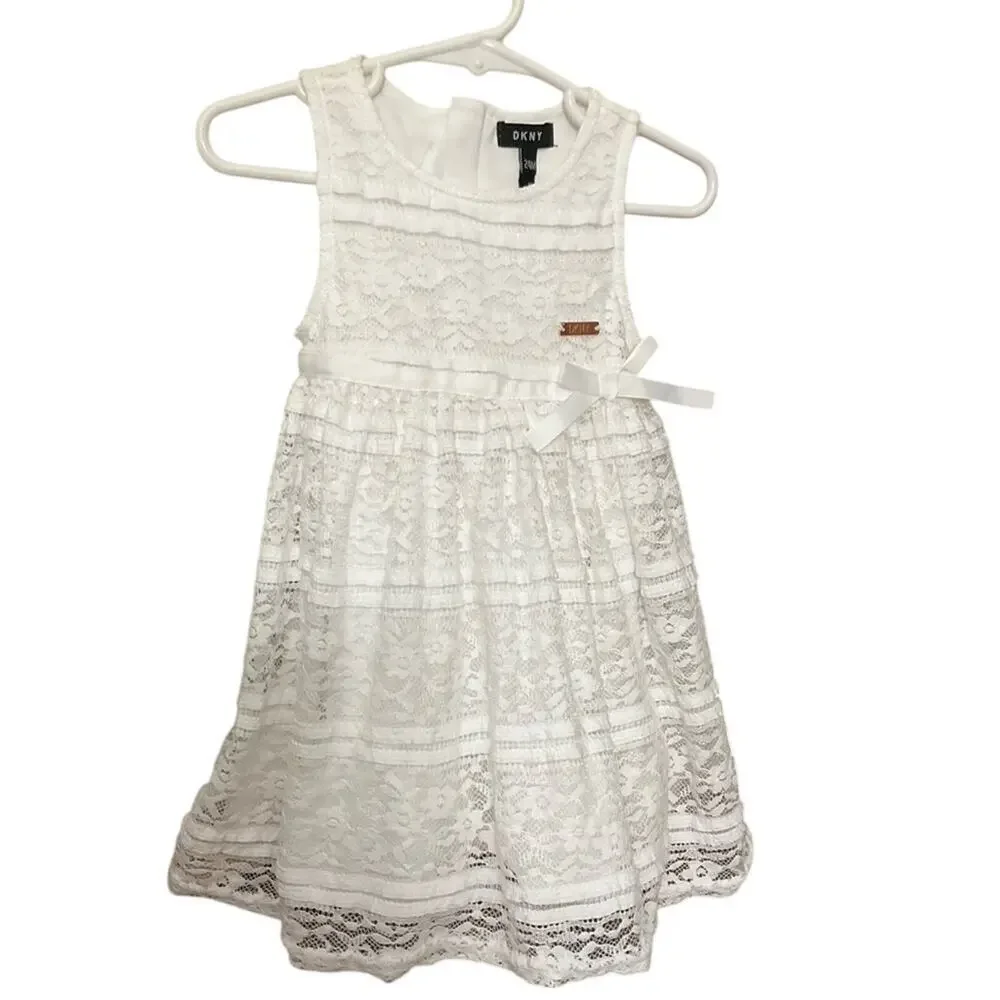 DKNY Baby Girls Sleeveless White Lace Dress Bow with Bottoms Size 24 Month's NEW